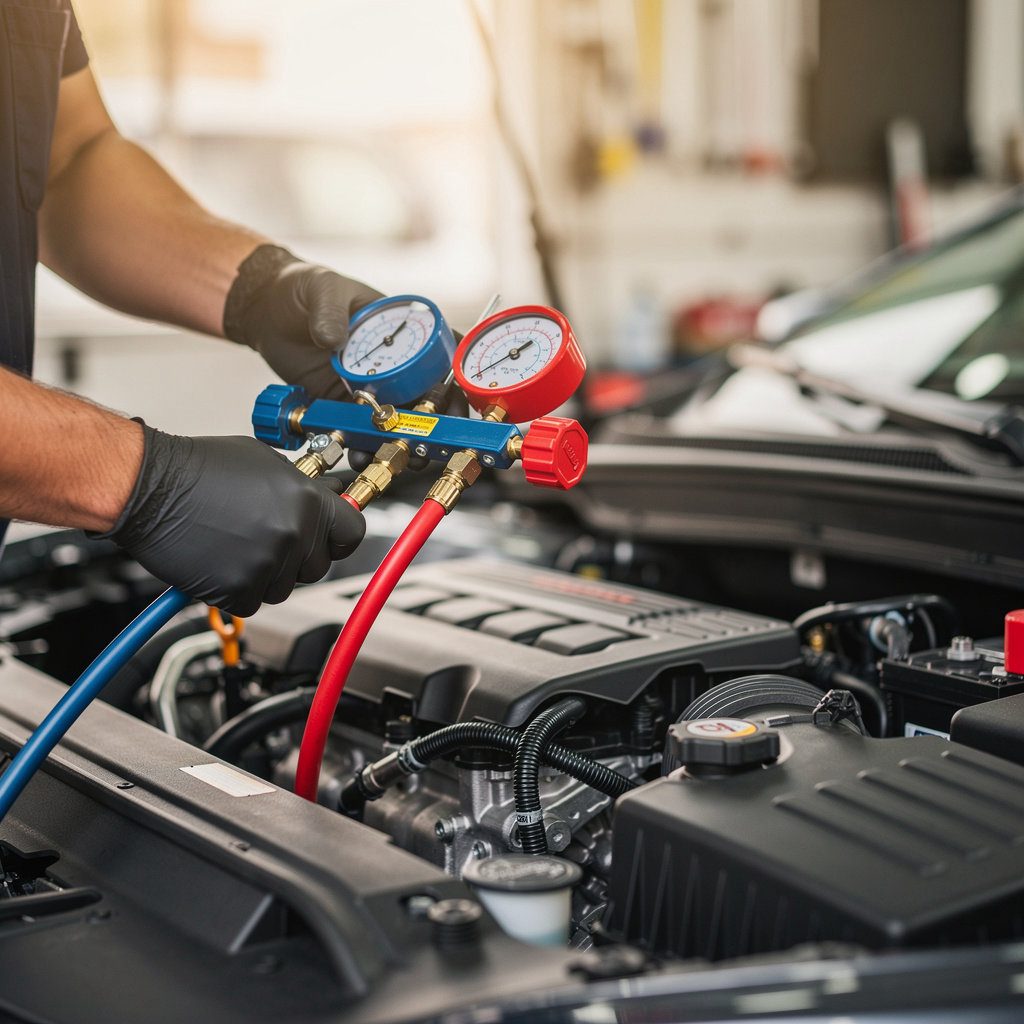 J & C Auto Repair technician performing expert air conditioning repair on a vehicle in San Diego