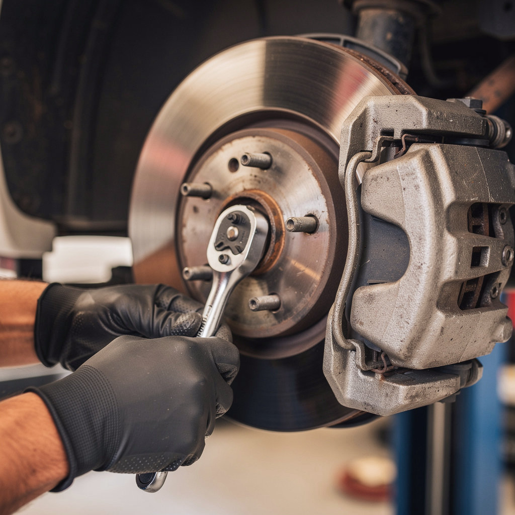 J & C Auto Repair technician inspecting brake pads for safety in San Diego