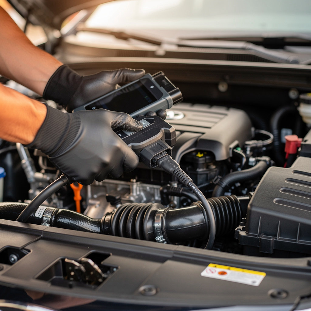 J & C Auto Repair technician performing advanced engine diagnostics on a vehicle in San Diego